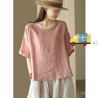 【M-4XL】夏季女款素色棉麻圓領套頭休閒上衣 寬鬆短袖設計 棉麻女裝 顯瘦上衣 亞麻襯衣T恤兩用型 棉麻材質超舒適