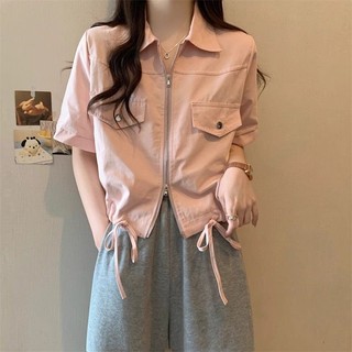 💕甜心大尺碼💕大尺碼短款正肩工裝上衣女春季新款大碼微胖mm顯瘦設計感雙拉鏈Polo襯衫