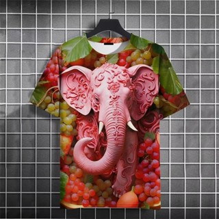 男士潮流大像圖案 T 恤時尚夏季嘻哈 3D 動物印花 T 恤酷街頭服飾透氣 T 恤上衣