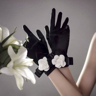 ♤拍照道具手套♤現貨 黑色 手套 複古赫本風名媛茶花朵蝴蝶結新娘禮服配飾影樓攝影禮帽