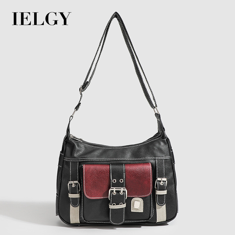 IELGY  復古撞色單肩斜挎中古包 個性軟皮辣妹機車包
