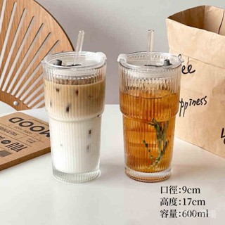 [EASY LIFE]帶蓋吸管條紋玻璃杯 奶茶杯 冷飲果汁咖啡杯 水壺 600ml 大容量杯子 吸管水壺 ins水壺