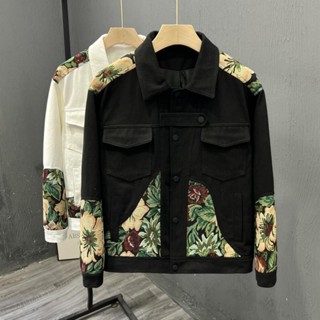 韓版翻領男裝 刺繡拼接上衣設計夾克 男士工裝外套