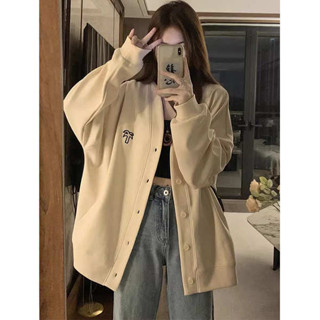 保暖外套 珊瑚絨外套 鴨絨外套 小外套大學T外套女棒球服夾克寬鬆百搭刺繡V領高級感上衣慵懶風情侶