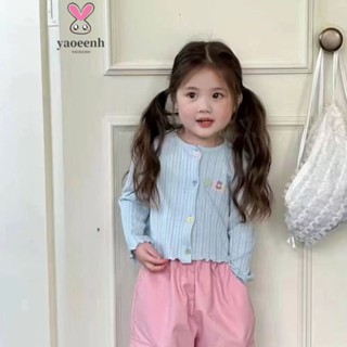 【YAOEENH】80-160CM 春秋款女童針織小外套上衣 中大童卡通印花坑條毛衣外套 現貨 快速出貨