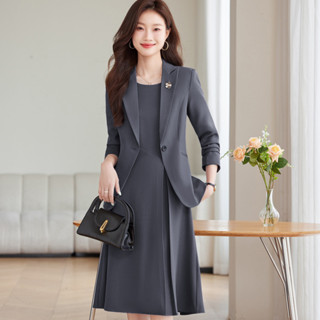 S-5XL長袖灰色西裝外套女 秋冬季新款簡約幹練氣質一粒扣西服連衣裙套裝 職業西裝外套 西裝裙 西裝套裝 職業西裝套裝