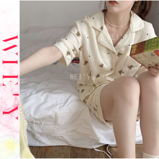 🌸WIE' Y🌸 「兩件式睡衣」可愛睡衣女 韓國居家服 女生家居服 可外穿薄款寬鬆休閑睡衣套裝 短袖居家服 小熊睡衣