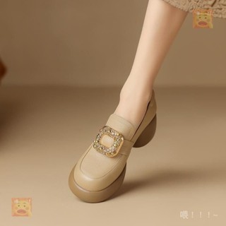 【喂~】圓頭高跟樂福鞋女春季新款羊皮軟底小皮鞋英倫風水鑽厚底粗跟單鞋