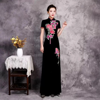 女士傳統奧黛旗袍復古花朵刺繡晚禮服舞臺演出越南服裝