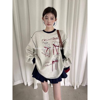 卡通貓咪印花蝴蝶結長袖衛衣女秋季新款設計感撞色慵懶風寬鬆上衣