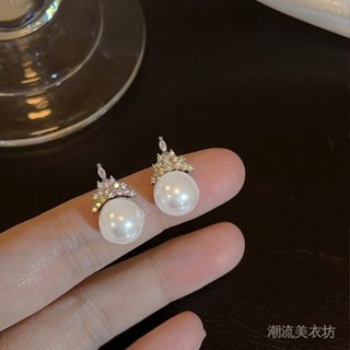 s925銀針珍珠耳釘 高階感 微鑲超鑽 氣質耳環 大氣精緻 皇冠時尚耳飾 女