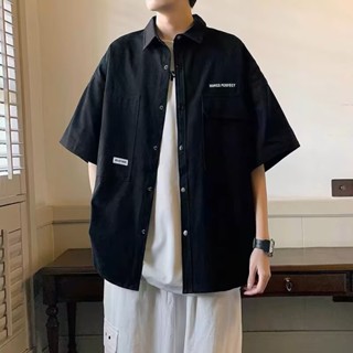 日系工裝短袖襯衫 多口袋襯衫 復古襯衫 工裝襯衫 前短後長 男上衣 古著 文青 落肩 寬鬆 五分袖 cityboy襯衫
