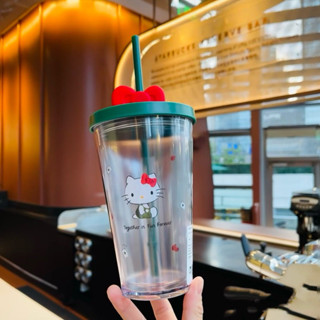 STARBUCKS 免費杯墊和袋子 473ml Hello Kitty 星巴克吸管杯水瓶杯麵杯 Ins 雙層厚咖啡冷飲杯