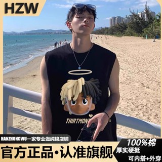 時尚男裝 背心 男生 無袖 220克重磅純棉美式卡通印花坎肩背心t恤男痞帥夏寬鬆無袖ins上衣 運動背心 健身背心