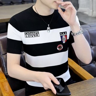 《現貨下單》高檔冰絲短袖t恤男士中青年條紋短袖男上衣服薄款大尺碼打底衫1/2件上衣短袖冰絲短袖排汗衫短袖上衣男上衣短袖短