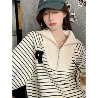 【奇奇樂百貨店】大學T復古條紋polo衫衛衣女美式寬鬆ins潮牌bf慵懶風長袖外套上衣 衣服女