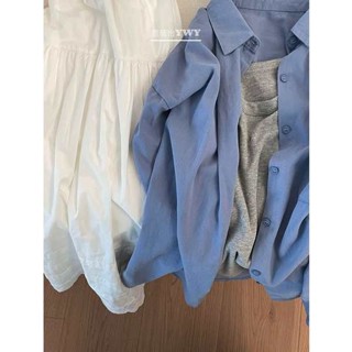 冬天外套 珊瑚絨外套 絨毛外套 100%霧霾藍色純棉長袖襯衫女上衣襯衫防曬外套今年流行漂亮小衫