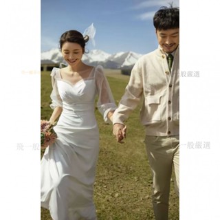 桃園出低折扣法式緞面輕婚紗 高階感旅拍森系外拍自助婚紗 旅拍寫真登記結婚禮服 簡約長袖小拖尾新娘證婚禮服洋裝 甜美白色