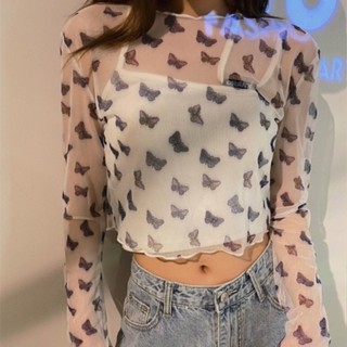 🎀Y.M服飾🎀網紗 疊穿 打底衫 夏季防曬網紗透視T恤新款辣妹內搭長袖打底衫女蝴蝶印花上衣 女生上衣 內搭