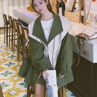 韓版中長款工裝外套女春秋冬收腰風衣假兩件撞色寬鬆休閒連帽上衣NSJUW