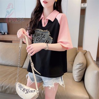 拼接撞色polo衫短袖t恤女2025夏季新款特大碼獨特設計感300斤上衣 短袖t恤 寬鬆短袖 大尺碼衣服【PAPA】