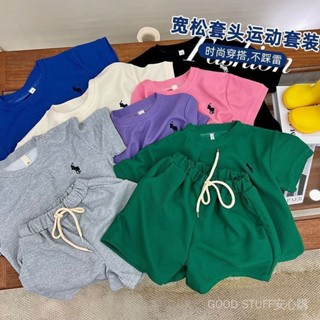 【棉花糖萌寶】【1017人好評】2025夏季新款韓版兒童華夫格套裝中小童潮牌刺繡男女童運動兩件套