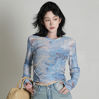 XYJ 春款上新辣妹扎染薄款短版長袖T恤女緊身顯瘦防曬罩衫上衣