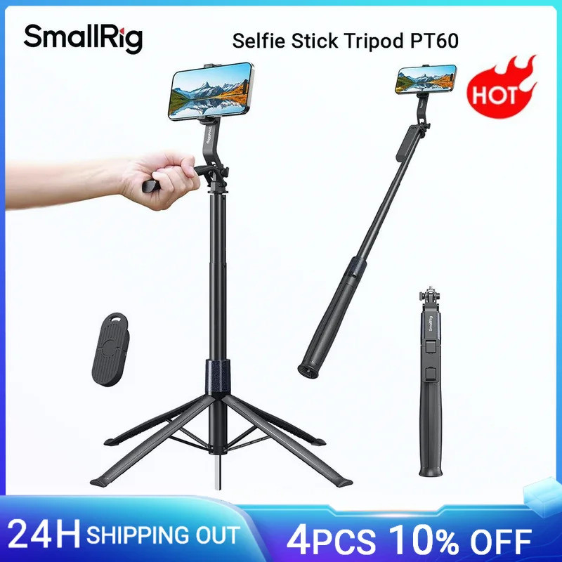 SmallRig 自拍桿三腳架 PT60 帶遙控器 4 腿 360 °   適用於 iPhone 相機運動相機的手柄可調