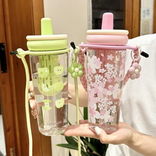 大容量櫻花夏季杯子吸管杯女士花茶杯水杯女生隨手杯便攜吸管塑膠