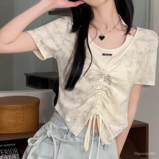 公司貨📣美式設計感辣妹短款不規則下擺短袖掛脖洋氣紮染假兩件抽繩上衣女 7XE9