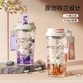 鈴蘭塑膠咖啡杯女生高顏值塑膠水杯便攜水壺網紅學生夏季吸管杯子水壺水杯水瓶隨行杯環保杯飲料杯