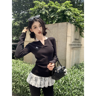 實拍黑色V領針織衫女秋季新款修身百搭辣妹蕾絲打底上衣兩件套