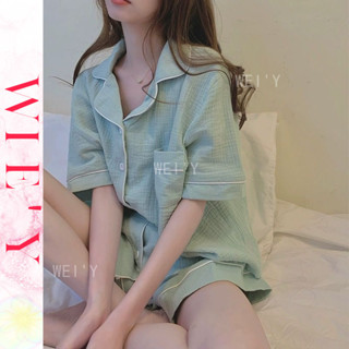 🌸WIE' Y🌸 臺灣發貨「兩件式家居服」日系泡泡棉質睡衣 開衫睡衣 薄款短袖短褲睡衣 韓國睡衣 女生睡衣 睡衣套裝
