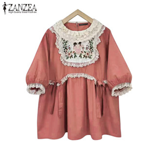 Zanzea 女式韓版復古圓領刺繡印花蕾絲拼接寬鬆上衣