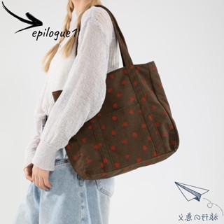 EPILOGUE1燈芯絨手提包,燈心絨大容量草莓沙灘包,時髦草莓印花拉鍊斜揹包