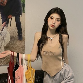 夏季辣妹小弔帶背心女短款修身百搭刺繡字母印花內搭打底外穿上衣