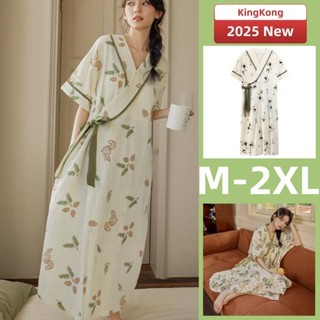 連身睡衣 日系和服式 帶胸墊睡衣 夏天 短袖睡衣裙 棉質 固定罩杯 寬鬆大尺碼 女生 居家中長裙 防走光 綁帶式睡袍