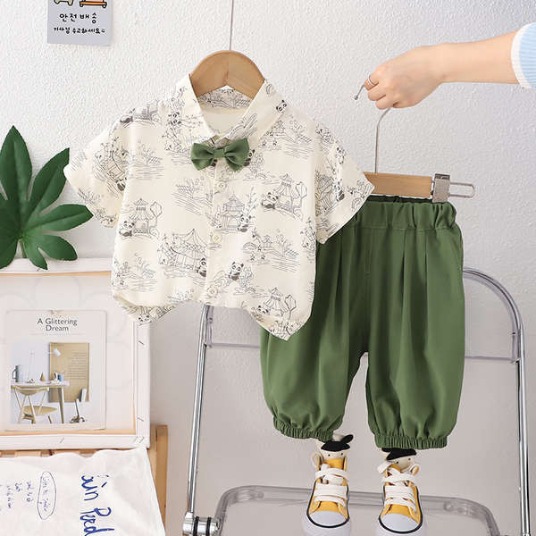 春季套裝 女童套裝 男童夏裝套裝新款嬰兒童裝小孩衣服寶寶夏季熊貓領結襯衫兩件套潮