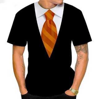 有趣的假西裝 T 恤 3D 列印男士短袖燕尾服領結圖案 T 恤超大 Y2K 原宿 T 恤上衣兒童服裝