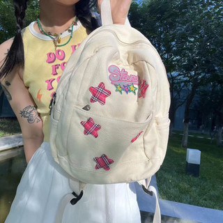 台灣出貨🏆 黑櫻醬 原創復古可愛粉色星星帆布小眾休閒少女雙肩包 百搭小書包 y2k亞文化 後背包 雙肩包 書包