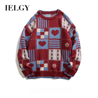 IELGY 男士寬鬆學生情侶格子圓領毛衣