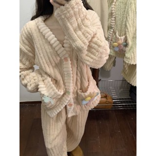 【HOT 本舖】 實拍新款加絨加厚可愛花花珊瑚絨厚實保暖家居服外穿睡衣套裝