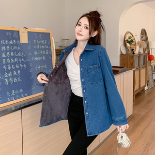 實拍2023加絨牛仔襯衫女秋冬新款複古水洗棉加厚長袖外套寬鬆襯衣