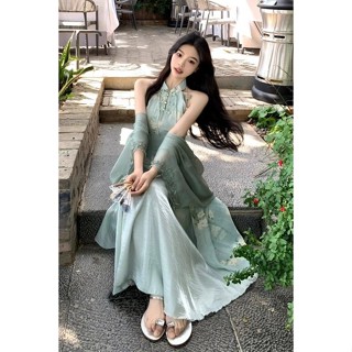 新中式複古中式拼接 ​​印花長裙改良旗袍無袖哈爾新中式複古國風旗袍無袖掛脖印花長裙4.10