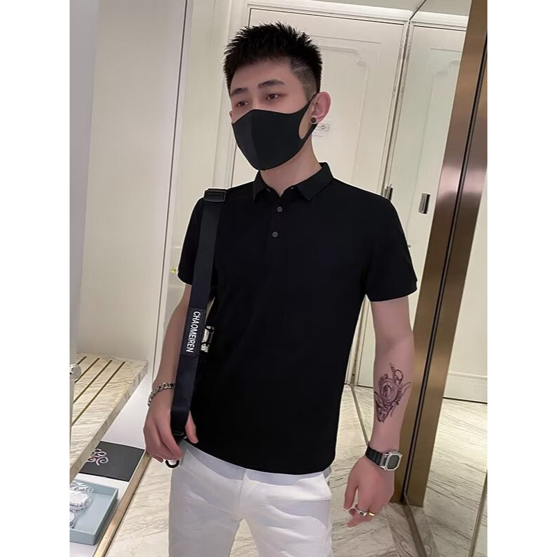 素色短袖T恤男夏季網紅痞帥翻領POLO衫情侶潮牌藍色短袖體恤上衣