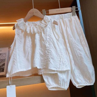 [店鋪熱推]女童套裝夏天衣服短袖上衣韓國童裝女童夏季無袖背心上衣短褲套裝兒童時尚田園休閒風蕾絲花邊兩件套正韓童裝5