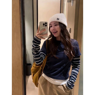 XYJ 甜美款經典條紋上衣女ins韓系假兩件藏青色長袖T恤女