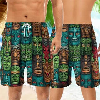 復古 Tiki Mask 3D 列印短褲男士時尚暑假度假夏威夷沙灘短褲寬鬆潮流兒童泳褲