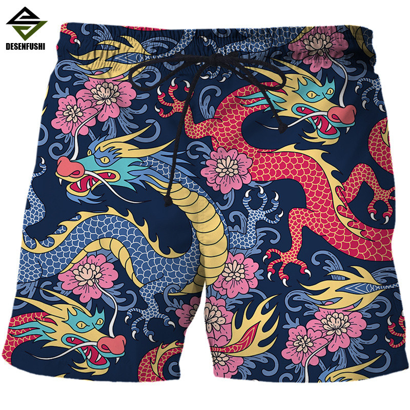龍圖騰圖形沙灘短褲褲子男士 y2k 3D 打印衝浪板夏季夏威夷泳裝泳褲酷冰