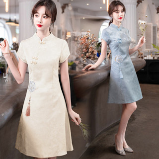 【現貨】改良式旗袍/禮服/新中式 /禮服 中國風刺繡改良旂袍裙夏新款大碼氣質顯瘦優雅小個子連衣裙